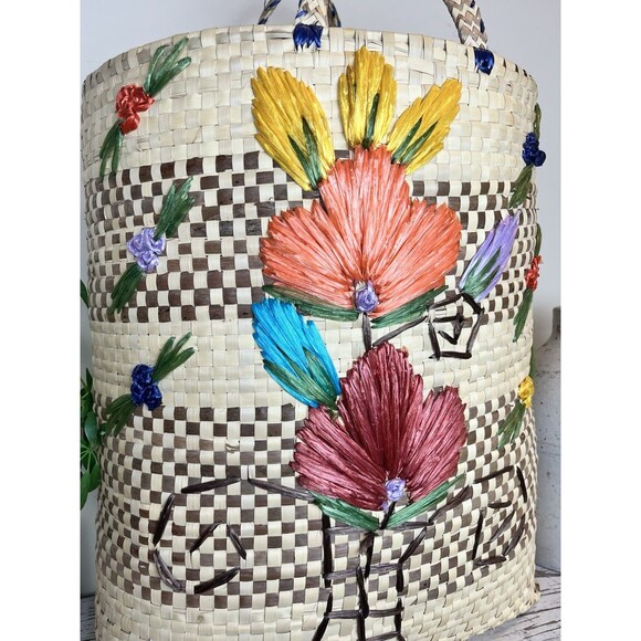 Vintage 1980’s Large Straw Raffia Floral Print Palm Beach Tote / Island / Cruise - Picture 7 of 11